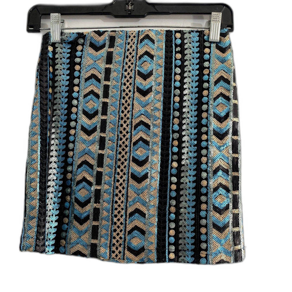 Francesca's Allover Sequin Mini Skirt Bodycon Blue Gold Geometric Tribal‎ Small